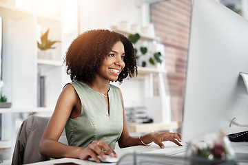 Image showing Business, computer and happy woman in office for research, planning and satisfied with web search. Online, review and African female person smile for report, proposal or creative design inspiration