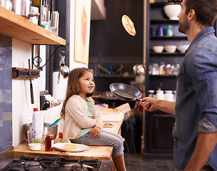 Image showing Cooking, breakfast and father with daughter in kitchen for food, morning and learning. Helping, happy and nutrition with man and young girl in family home for weekend, bonding and teaching