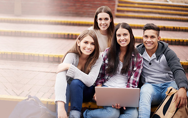 Image showing Portrait of friends with laptop on campus steps, happiness and online education in college with diversity. Learning, studying and students at university with smile, internet and future opportunity.