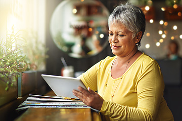 Image showing Restaurant, tablet and senior woman typing, research or search internet, web or online website for cafe information. Customer experience, store feedback or elderly female client in retail coffee shop