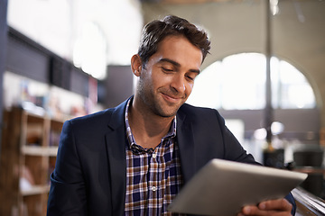 Image showing Digital, happy man with tablet and in coffee shop or restaurant. Social media or communication, technology or networking for remote work and male person in cafe store or local pub on mobile device