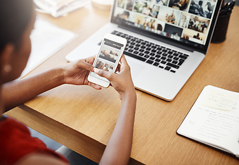 Image showing Laptop, phone screen and hands of business woman with website for media, research and creative work or blog. Female entrepreneur at a desk with a smartphone and internet while typing at desk