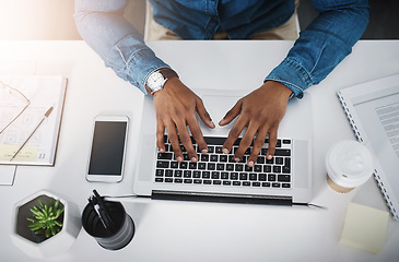 Image showing Business man, working hands and laptop typing of a creative employee with lens flare at desk. From above, employee and digital writing of a web worker on online app and keyboard for a tech design