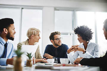 Image showing Business people, meeting and planning with company contract and deal with conversation. Staff, communication and paperwork with a businessman with diversity coworkers working on a job strategy