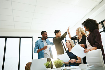 Image showing Teamwork, high five and business people in meeting for planning with achievement, victory and cheering. Marketing team, collaboration and men and women celebrate success, planning and goals in office