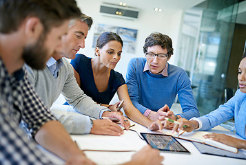 Image showing Planning, teamwork and tablet with business people in meeting for idea, project management and strategy. Review, collaboration and brainstorming with employees for digital, data and solution