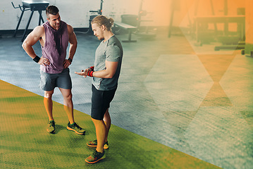 Image showing Men, friends and talking about fitness at gym with tips for health and wellness. Athlete people or team together at club for training workout, strong muscle or exercise motivation with mockup overlay