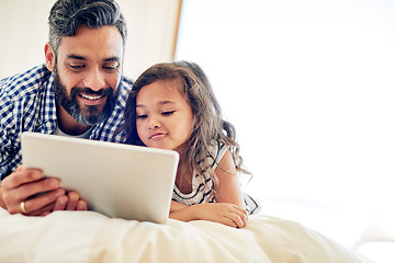 Image showing Father, child and tablet in family home for online games, reading ebook story or educational subscription on mockup. Dad, girl kid and connection on digital technology, web streaming or cartoon media