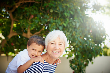 Image showing Portrait, grandmother and piggyback child in garden or bonding, together or quality time in backyard or fun on summer vacation. Family, senior woman or happy retirement with love, kid and hug or game