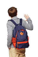 Image showing Back, school and a boy with a wave for greeting isolated on a white background in a studio. Education, youth and a student waving for hello or goodbye with a backpack for learning on a backdrop