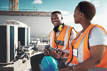 Image showing Portrait, engineer team and people on coffee break at construction site. Smile, architects and black man and woman relax with tea, talk and conversation after building project, working or engineering