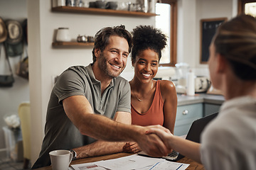 Image showing Love, handshake and couple with a financial advisor, consultation and discussion for investments. Partners, man and woman with a consultant, home and conversation for advice, help and shaking hands