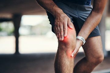 Image showing Knee pain, workout and injury by athlete after fitness, running and outdoor exercise with an emergency. Closeup, hurt and male person or man with training accident or discomfort on his leg