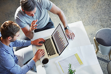 Image showing Laptop statistics, communication and business people teamwork on data analysis, accounting or research. Bar graph, cooperation and top view of collaboration team working on chart analytics review