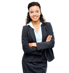 Image showing Corporate employee, portrait or arms crossed on isolated white background in future ideas, vision goals or success mindset. Smile, happy or confident business woman in suit or financial growth target