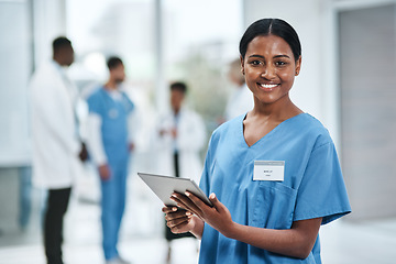 Image showing Medical, doctor face and woman with tablet in a clinic reading healthcare and wellness data at hospital. Employee, nurse and Indian person with digital and online results on technology with research