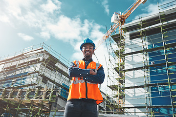 Image showing Engineer, construction and portrait of a black man at building site for development and architecture. Male contractor happy about project management, engineering and safety inspection outdoor in city