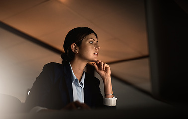 Image showing Thinking, night work and problem solving, woman in office reading email or online report idea at start up agency. Corporate overtime, challenge and focus, businesswoman at desk working late on ideas.