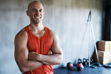 Image showing Happy man, fitness and portrait with arms crossed in confidence for workout, exercise or training at gym. Strong muscular and fit bodybuilder with smile for confident bodybuilding, health or wellness