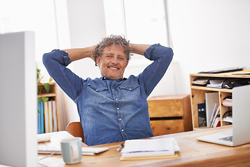 Image showing Mature, business man and relax in office with a smile from work target and goal success. Tech break, happy and businessman feeling rest and confident from company and creative writer job