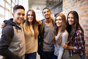 Image showing University, friends and portrait of people on campus ready to study, friendship and learning together. Education, scholarship and happy men and women students smile for school, academy and college