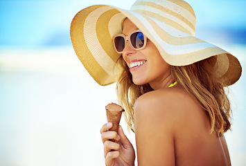 Image showing Sunglasses, ice cream and woman at beach on vacation, holiday and summer travel mockup. Happiness, chocolate gelato and female person eating by ocean shore, thinking or tourist enjoying snack outdoor