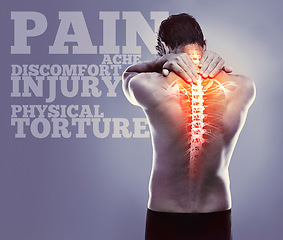 Image showing Man, back pain and red glow in studio with spine, injury and stress at workout, exercise or training. Guy, model and banner with text for emergency, accident and skeleton overlay by gray background