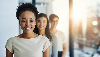 Image showing Happy black woman, portrait and team leadership in office with happiness, motivation and professional staff. Face, smile and female employees in empowerment, pride and confident in business diversity