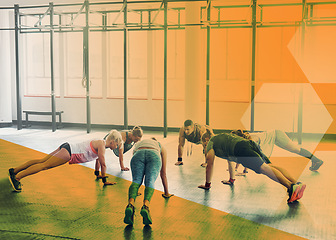 Image showing Fitness people, gym and group push up training, workout or exercise in class. Athlete men and women together in circle for power challenge, commitment or strong muscle at health club with a overlay