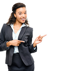 Image showing Business woman, portrait or pointing hands at promotion mockup, deal advertising space or marketing product placement. Smile, happy or corporate worker and showing finger on isolated white background