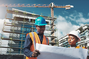 Image showing Construction, engineer or architect team with blueprint for building project, collaboration and architecture. Black woman and man together for engineering, planning and safety discussion outdoor