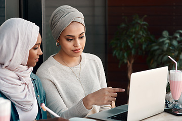 Image showing Laptop, restaurant and muslim women talking, planning and online education for remote e learning, studying and teamwork. Islamic people, friends or students in Saudi Arabia check computer at a cafe