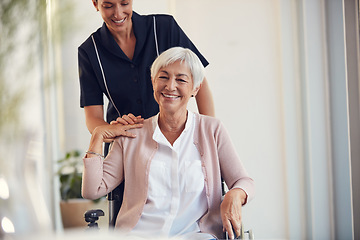 Image showing Trust, wheelchair and elderly woman with caregiver in retirement home for wellness and healthcare. Medical, happy and portrait of senior female person with disability bonding with professional nurse.