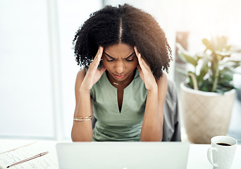Image showing Stress, frustrated or black woman in office with headache pain from job pressure or burnout fatigue in company. Bad migraine problem, business or tired girl employee depressed by deadline anxiety