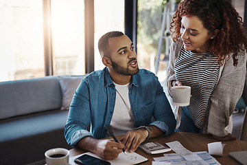 Image showing Couple with list for budget, finance and bills with paperwork of financial debt, talking about savings and income. Mortgage, insurance and taxes, African man and woman at table with home bookkeeping