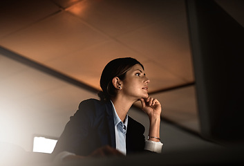 Image showing Thinking, ideas and problem solving at night, woman in office reading email or online report at start up agency. Corporate overtime, challenge and focus, businesswoman at desk working late on idea.