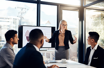 Image showing Presentation, workshop and finance with a business woman talking to her team in the office boardroom. Training, meeting and education with a female coach teaching staff using a graph display at work