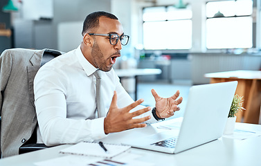 Image showing Business man, laptop and trading with win in investment, celebration and cheers in office with excited employee. Male trader at desk, pc and bonus with investing success, winning and achievement