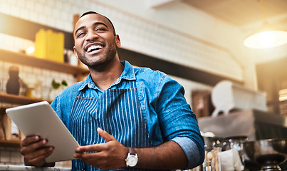 Image showing Laugh, tablet and waiter with man in cafe for online, entrepreneurship and startup. Retail, technology and food industry with small business owner in restaurant for barista, store and coffee shop
