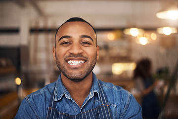 Image showing Coffee shop, happy waiter and portrait of black man in restaurant for service, working and smile in cafe. Small business owner, bistro startup and face of male waiter in cafeteria ready to serve