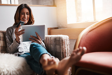 Image showing Relax, tablet and credit card with an ecommerce woman sitting on a sofa in the living room of her home. Online shopping, fintech and financial banking with a young female online customer in her house