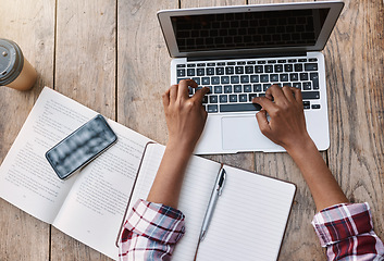 Image showing Woman, hands and laptop of student on mockup above for studying, education or research at cafe. Top view of female person hand working on computer for college or university project at coffee shop