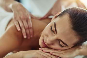 Image showing Relax, detox and massage with woman in spa for wellness, luxury and cosmetics treatment. Skincare, peace and zen with female customer and hands of therapist for physical therapy, salon and beauty