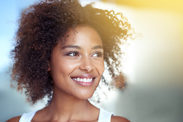 Image showing Skincare, smile and woman looking in bathroom mirror after shower, grooming and cleaning routine in her home. Happy, beauty and confident lady satisfied with reflection, treatment or cosmetic result