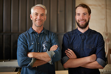 Image showing Teamwork, happy portrait and arms crossed of architecture team with a smile from startup. Entrepreneur, partnership and architect workers together with pride and success from small business