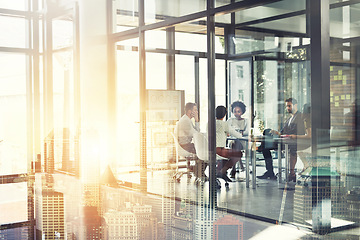 Image showing Business people, meeting and overlay with city, planning and urban development in the workplace. Staff, group or coworkers brainstorming, sunshine and share ideas with buildings, teamwork and growth