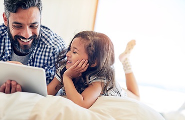 Image showing Love, man with daughter with tablet and happy in bedroom of their home. Family or bonding time, technology or communication and male parent with daughter smiling or laughing with entertainment