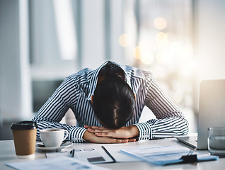 Image showing Sleeping, tired and business woman at desk for headache, overworked and stress in office. Exhausted, burnout and mental health with female employee resting for fatigue, dreaming and frustrated