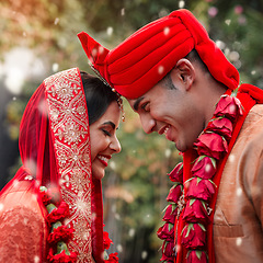 Image showing Wedding, marriage and hindu couple together in celebration of love or commitment at a ceremony. Happy, romance or islamic with a birde and groom getting married outdoor in tradition of their culture