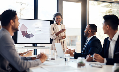 Image showing Presentation, meeting and finance with a business woman talking to her team in the office boardroom. Training, workshop and education with a female coach teaching staff using a graph display at work